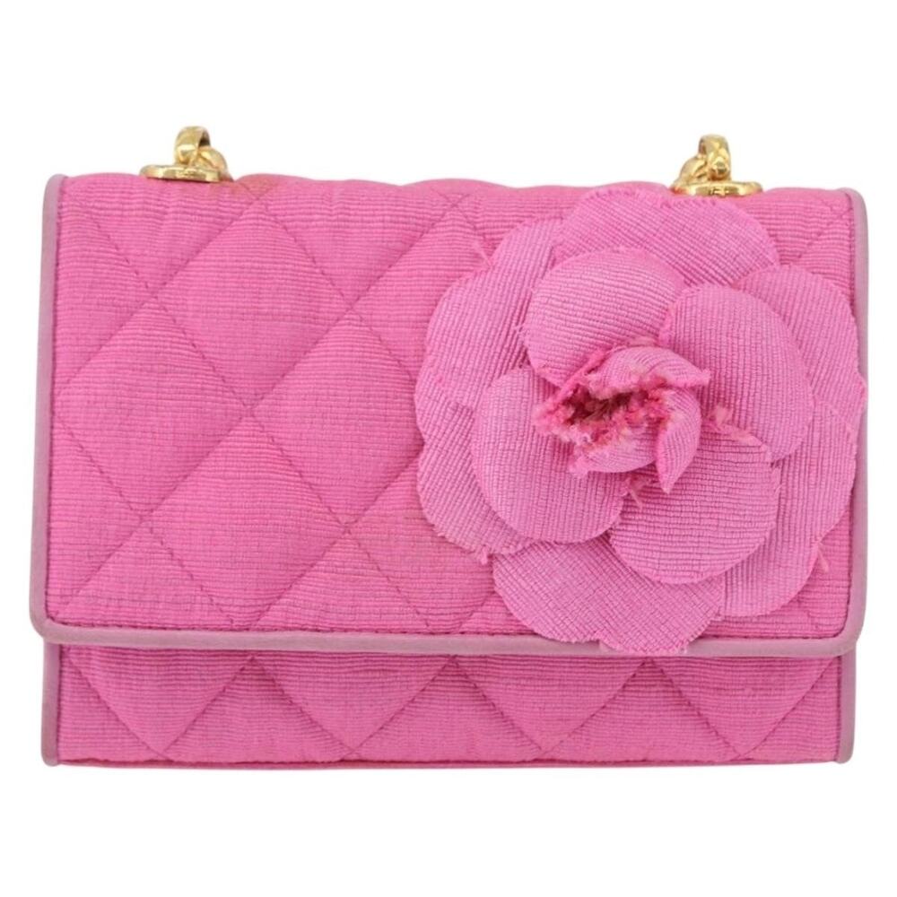 Chanel Matelasse Canvas Chain Camelia Shoulder Bag Pink